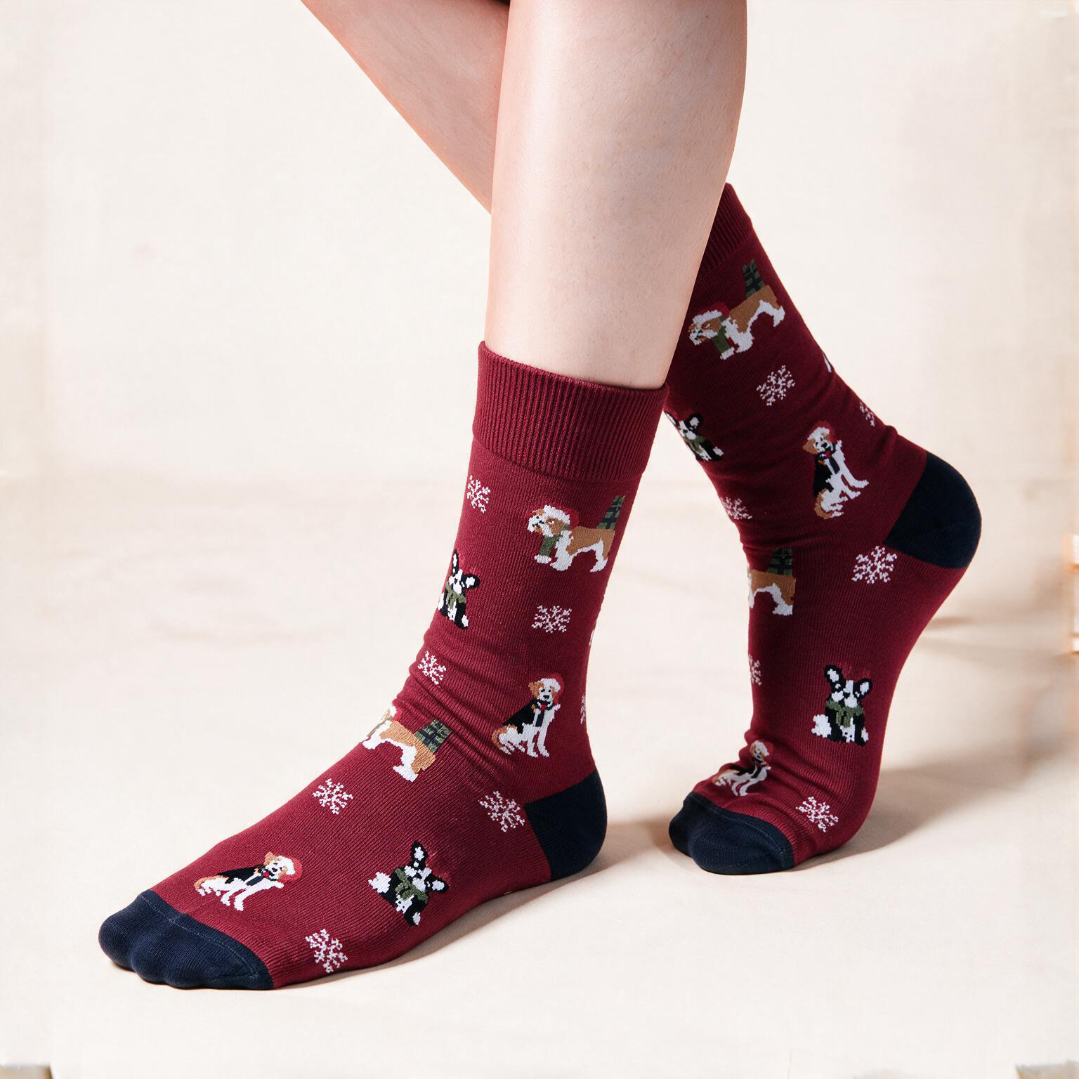 Brick & Harbor – festive dog crew socks in olive green, red and navy, Lord Walker