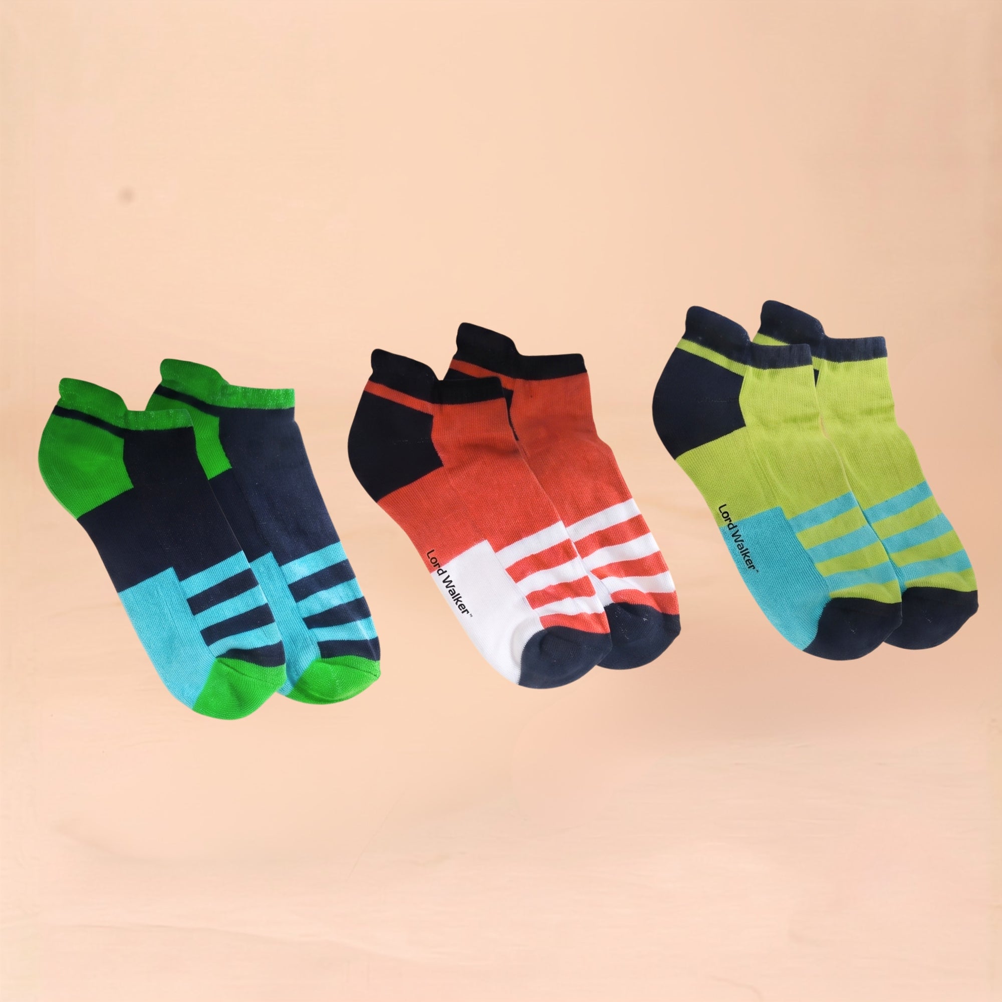 Court Stories – unisex cushioned ankle socks in orange, parrot green and navy, Lord Walker, view 3