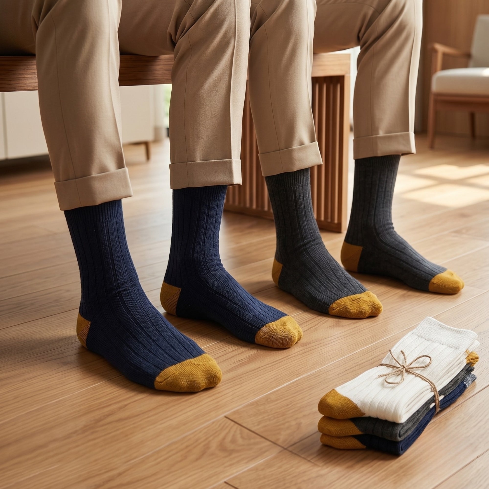 Executive Edit – men's ribbed crew socks in blue, beige and grey, Lord Walker, view 3