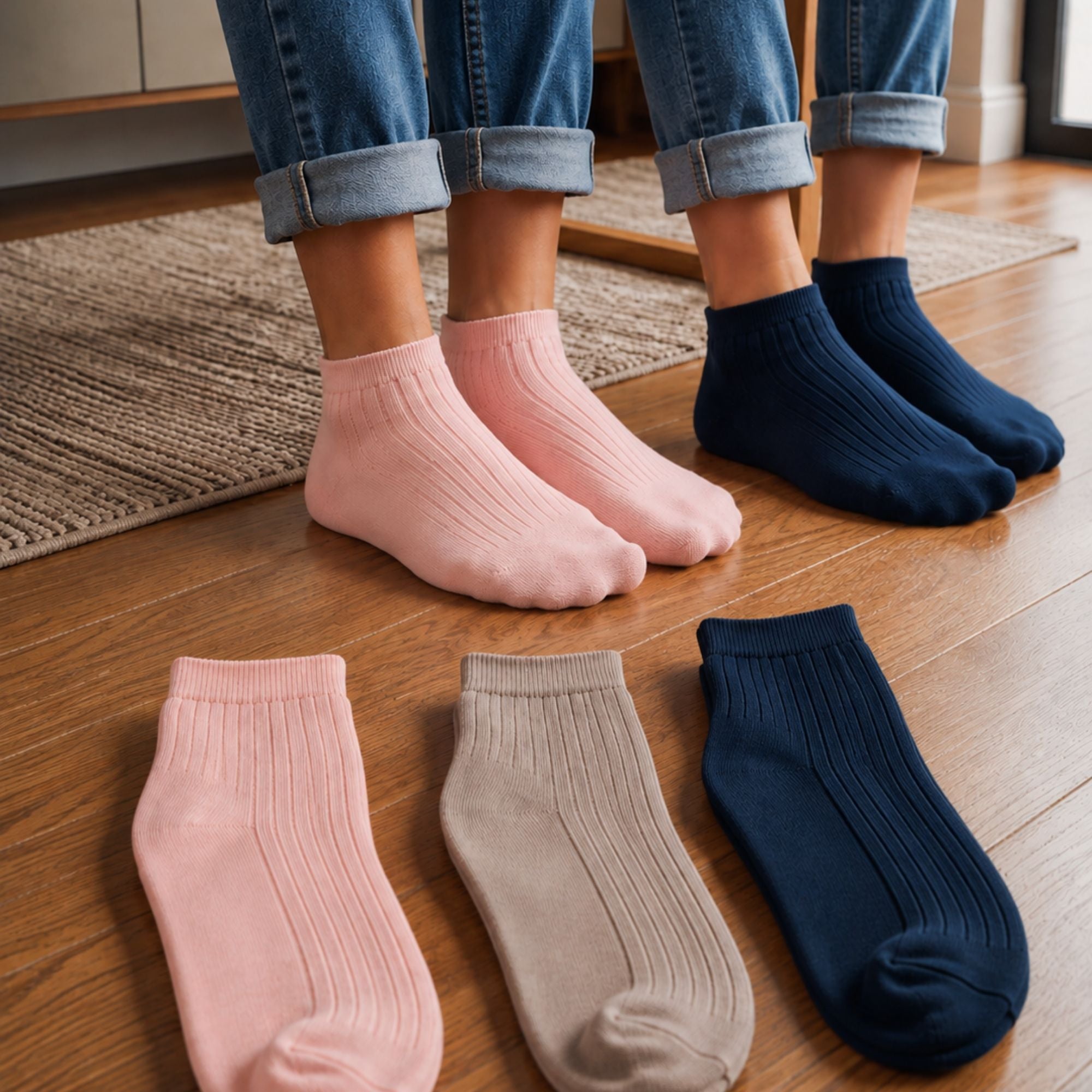 Garden Stroll – women's ribbed quarter socks in blue, beige and pink, Lord Walker, view 5