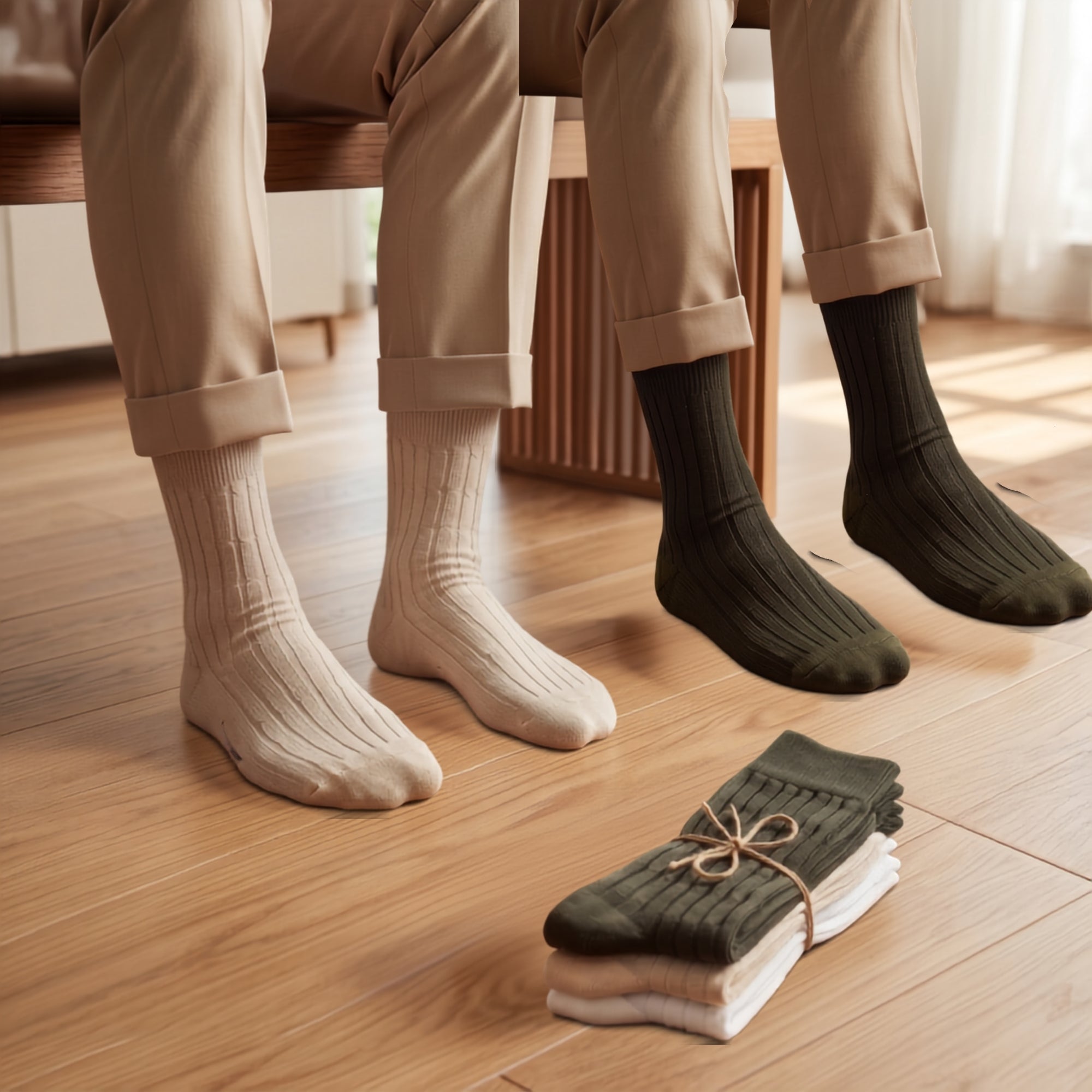 Harbor Escape – men's textured crew socks in off-white, olive and beige, Lord Walker, view 5