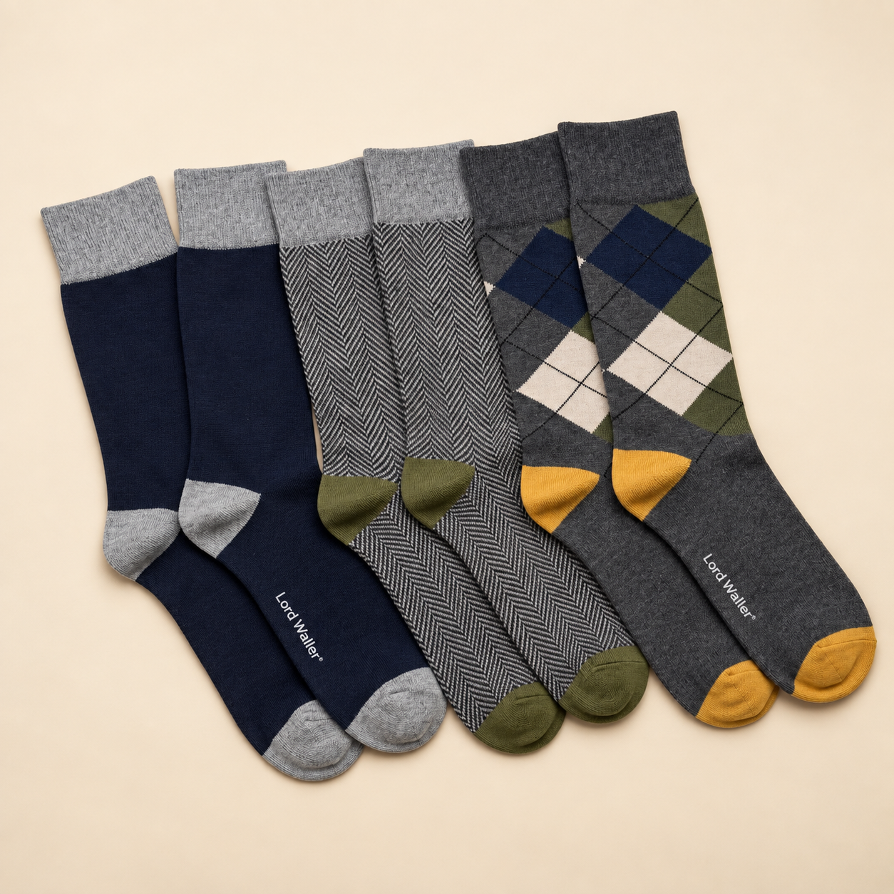 Heritage House – men's argyle crew socks in charcoal, navy and grey, Lord Walker, view 4