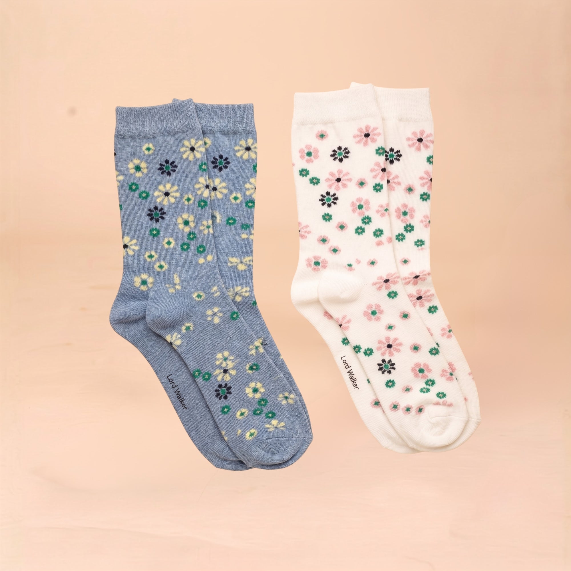 Little Garden – kids' floral socks in denim and off-white, Lord Walker, view 3