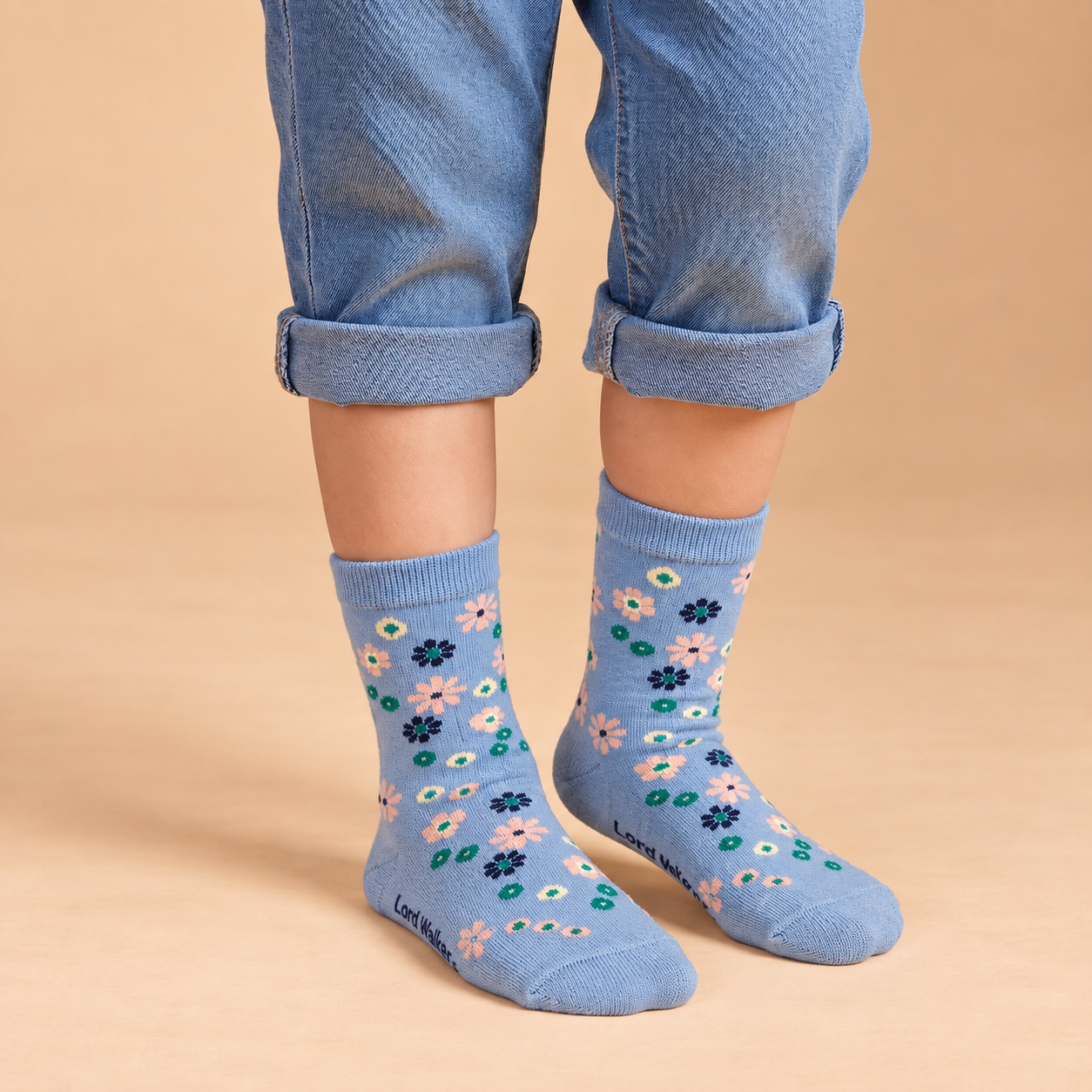 Little Garden – kids' floral socks in denim and off-white, Lord Walker, view 7