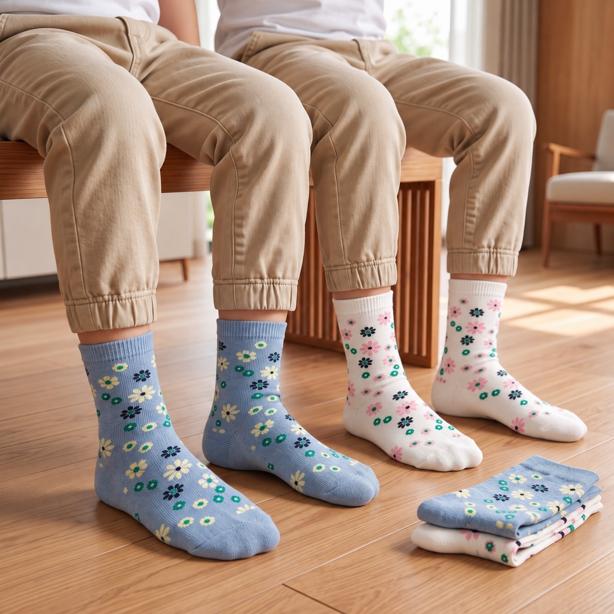 Little Garden – kids' floral socks in denim and off-white, Lord Walker, view 8