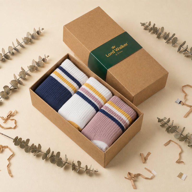 Retro Reverie – women's retro stripe crew socks in white, royal and lilac, Lord Walker, view 2