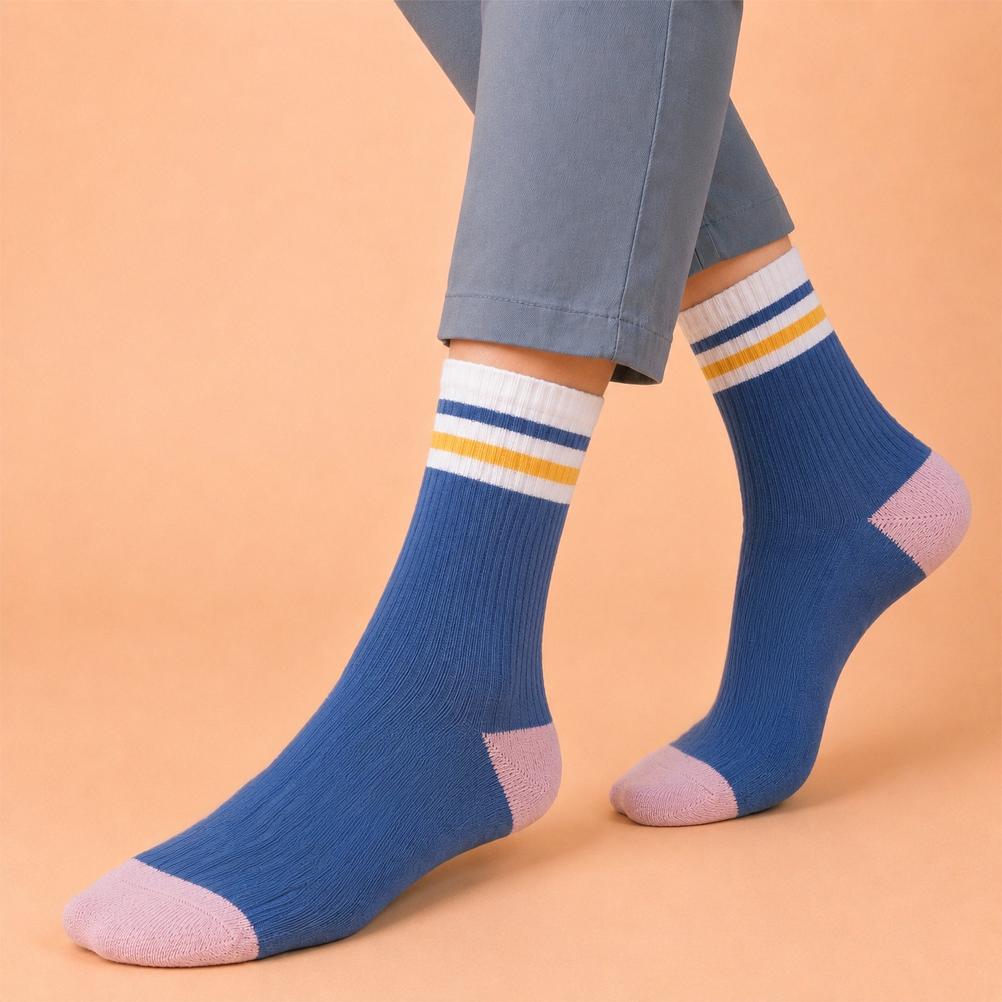 Retro Reverie – women's retro stripe crew socks in white, royal and lilac, Lord Walker, view 3