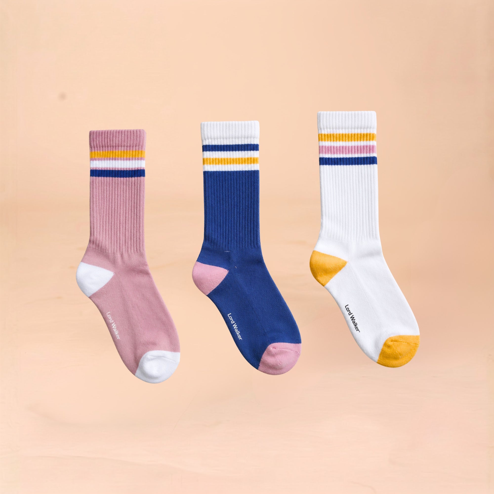Retro Reverie – women's retro stripe crew socks in white, royal and lilac, Lord Walker, view 5