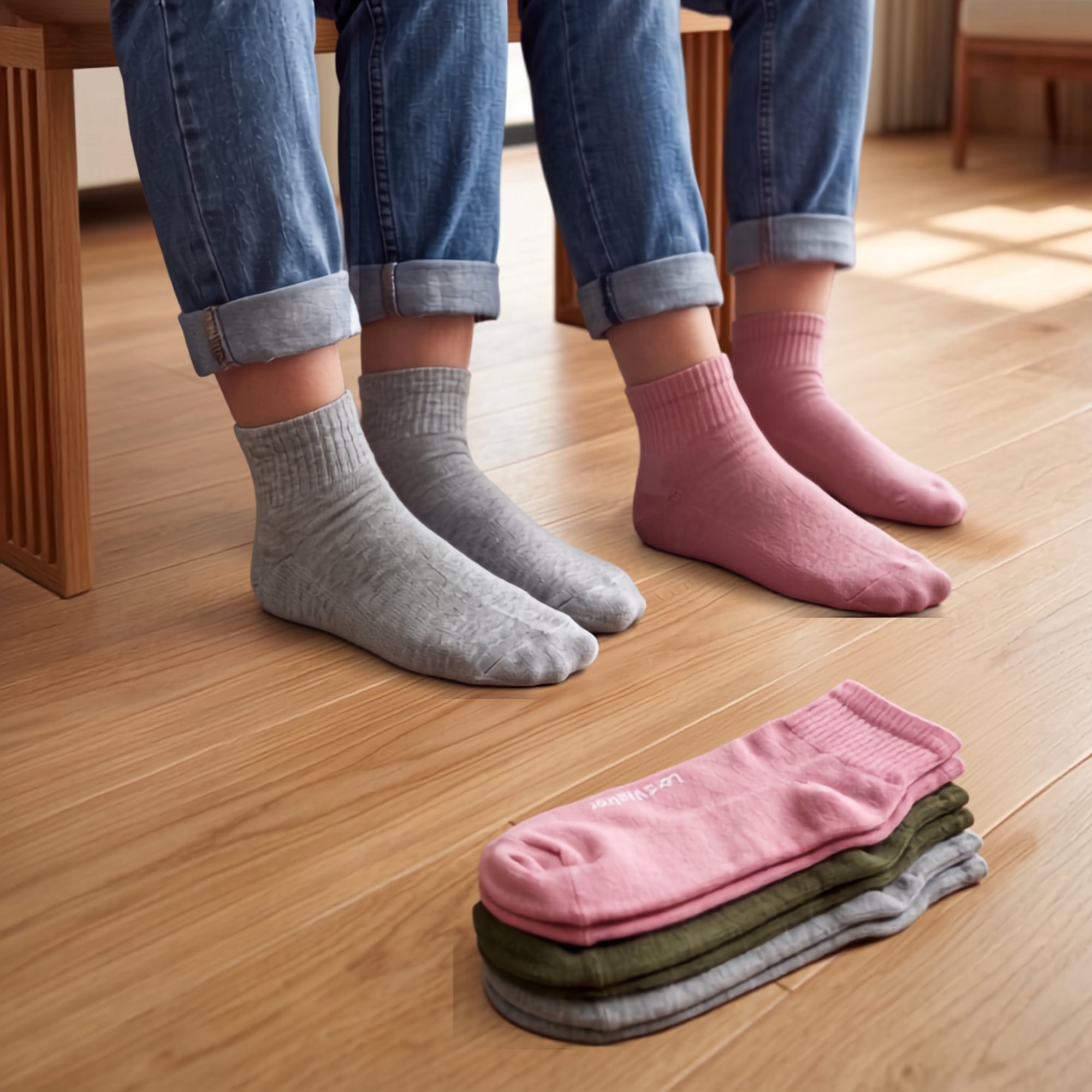 Serene Living – women's cushioned quarter socks in rose, olive and grey, Lord Walker, view 4