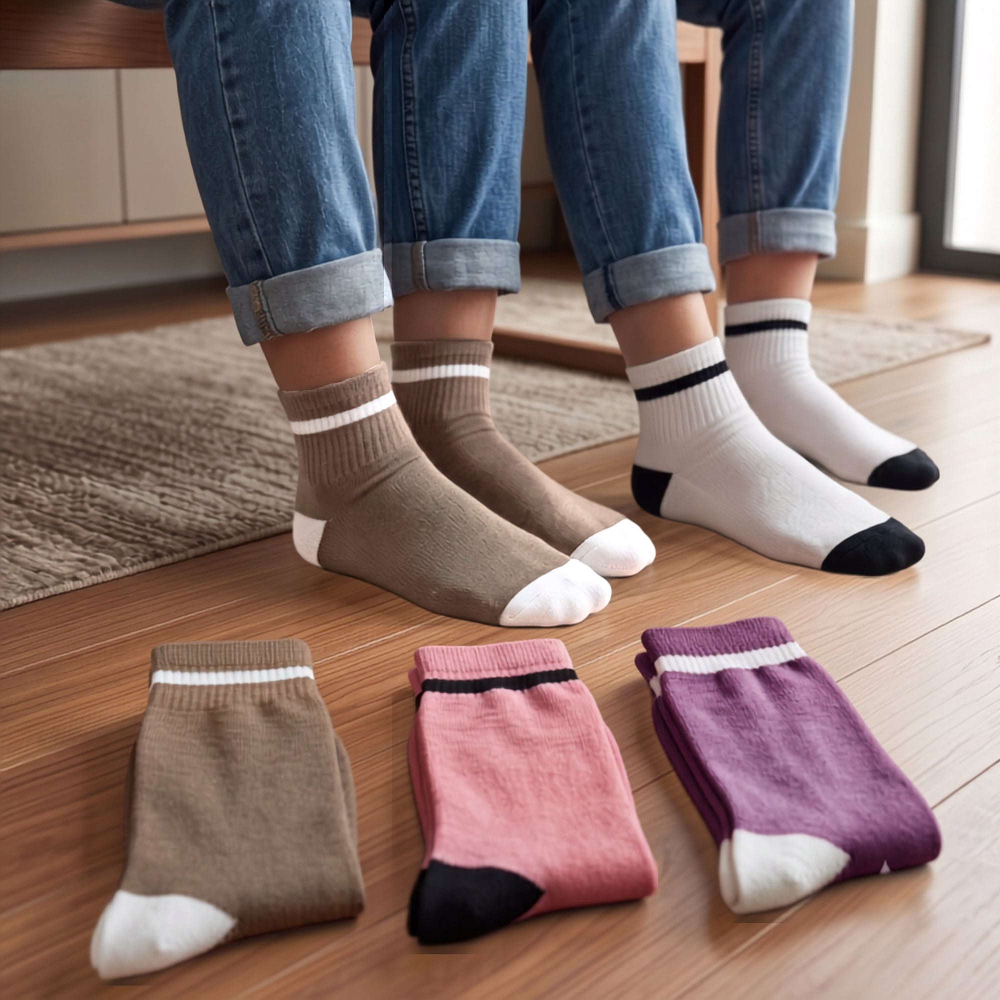 Sunday Stroll – women's striped quarter socks in purple, pink, olive and off-white, Lord Walker, view 4