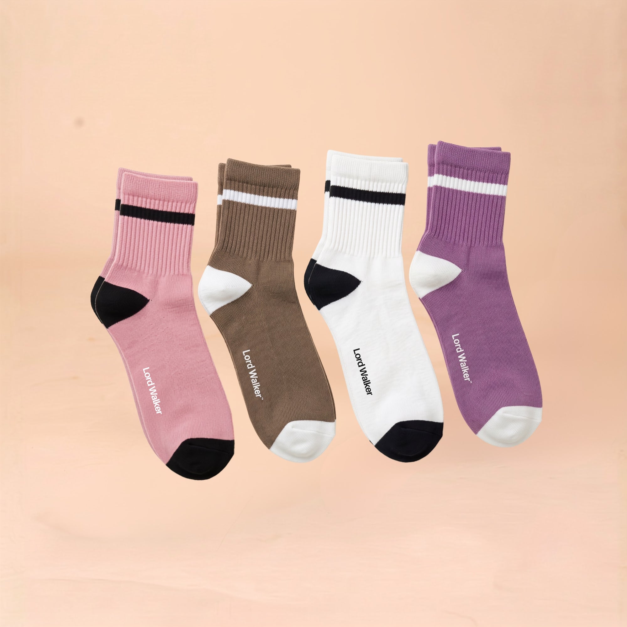 Sunday Stroll – women's striped quarter socks in purple, pink, olive and off-white, Lord Walker, view 5