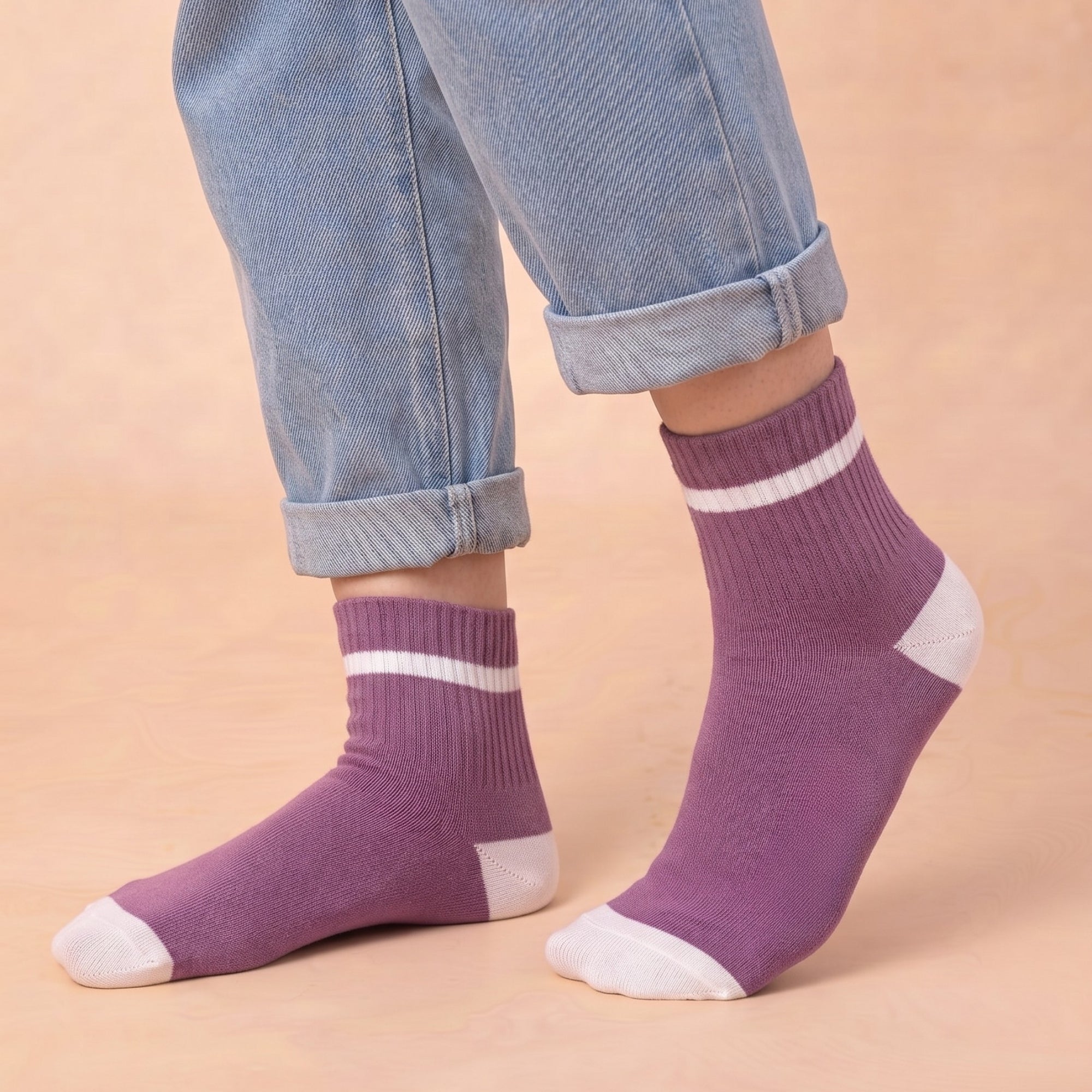 Sunday Stroll – women's striped quarter socks in purple, pink, olive and off-white, Lord Walker, view 7
