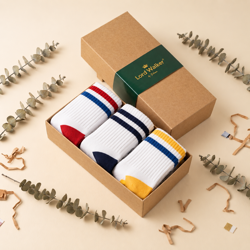 Varsity Spirit – men's retro stripe crew socks in white/yellow, white/blue melange and white/red, Lord Walker, view 2