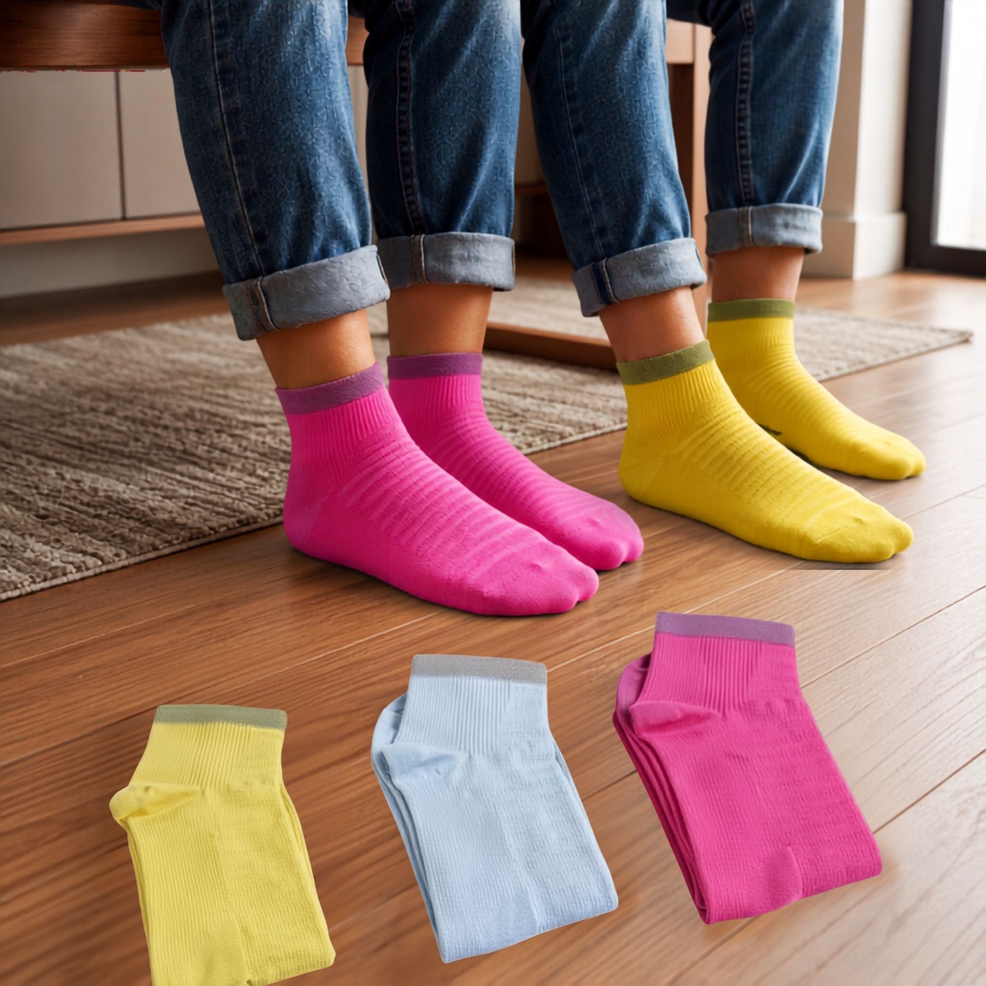 Victory Lap – performance quarter socks in sky, pink and yellow, Lord Walker, view 4